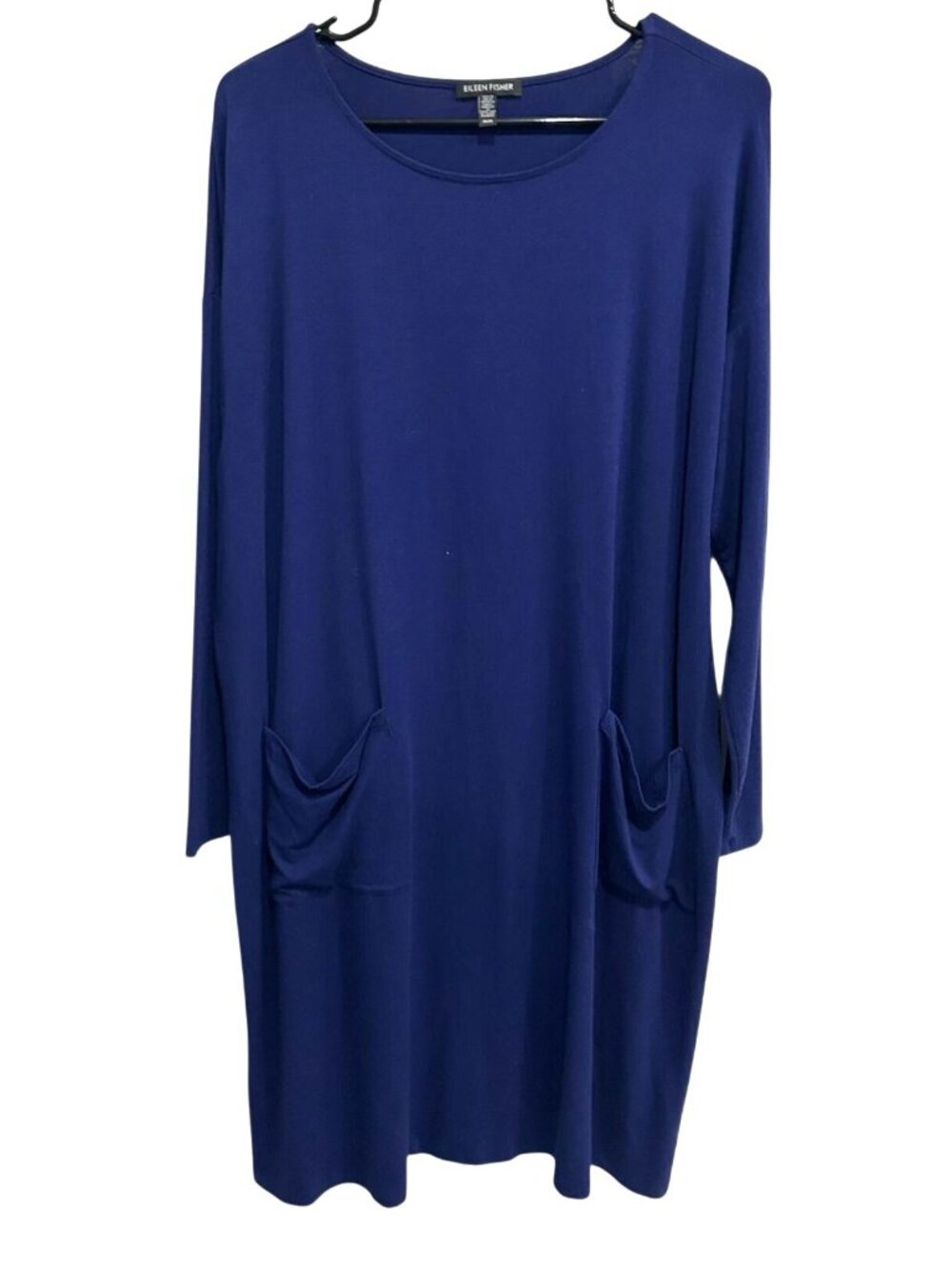 Eileen Fisher Medium Navy Blue Long Sleeve Tunic Dress Front Pockets Ballet Neck